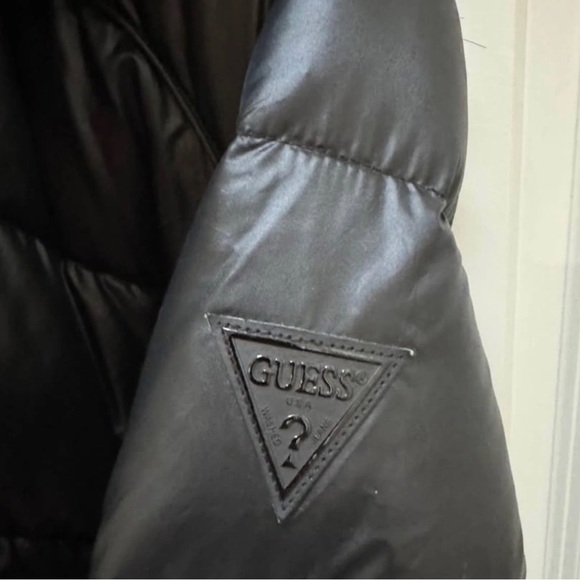 GUESS Black Shiny Puffer With Faux Fur Hoodie Ladies Size XL - Picture 4 of 12
